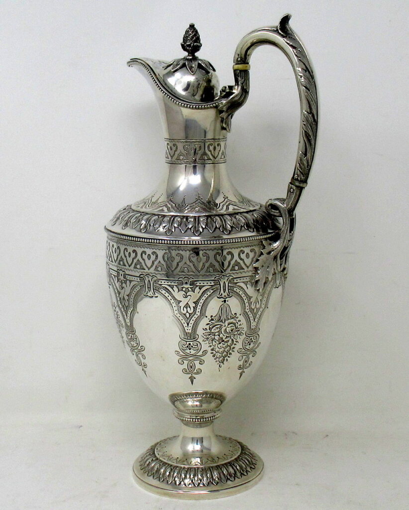 865. Antique Victorian English Sterling Silver Gilt Wine Ewer Claret Jug Pitcher 1872
