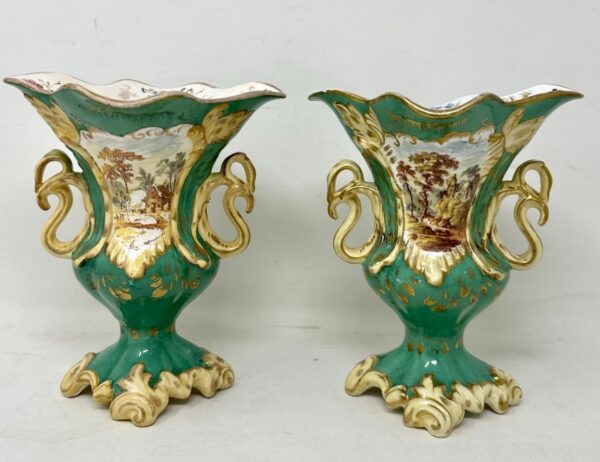 521. Antique Pair English Porcelain Green Samuel Alcock Vases Urns Still Life Flowers