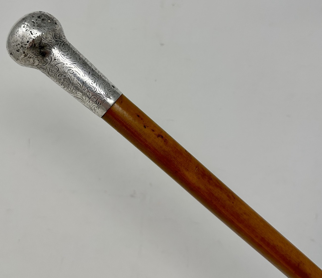 720. Antique Malacca Wooden English Walking Swagger Stick Cane Sterling Silver London