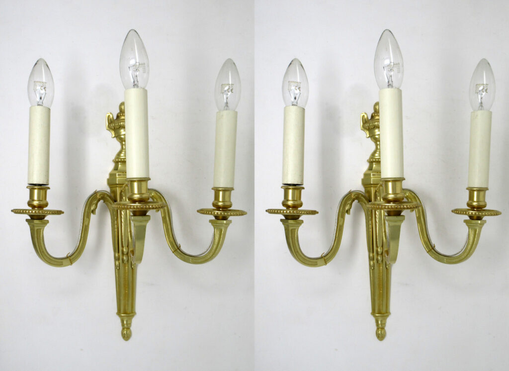 496. Antique Pair of English Gilt Bronze Three Light Wall Candle Sconces 19th Century