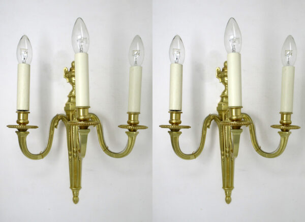 496. Antique Pair of English Gilt Bronze Three Light Wall Candle Sconces 19th Century