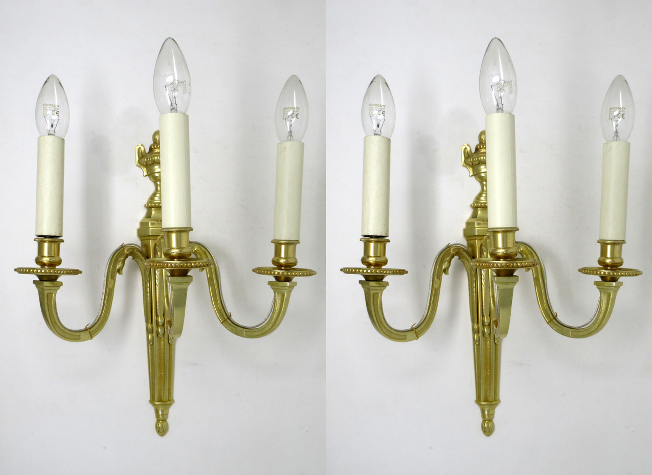 496. Antique Pair of English Gilt Bronze Three Light Wall Candle Sconces 19th Century