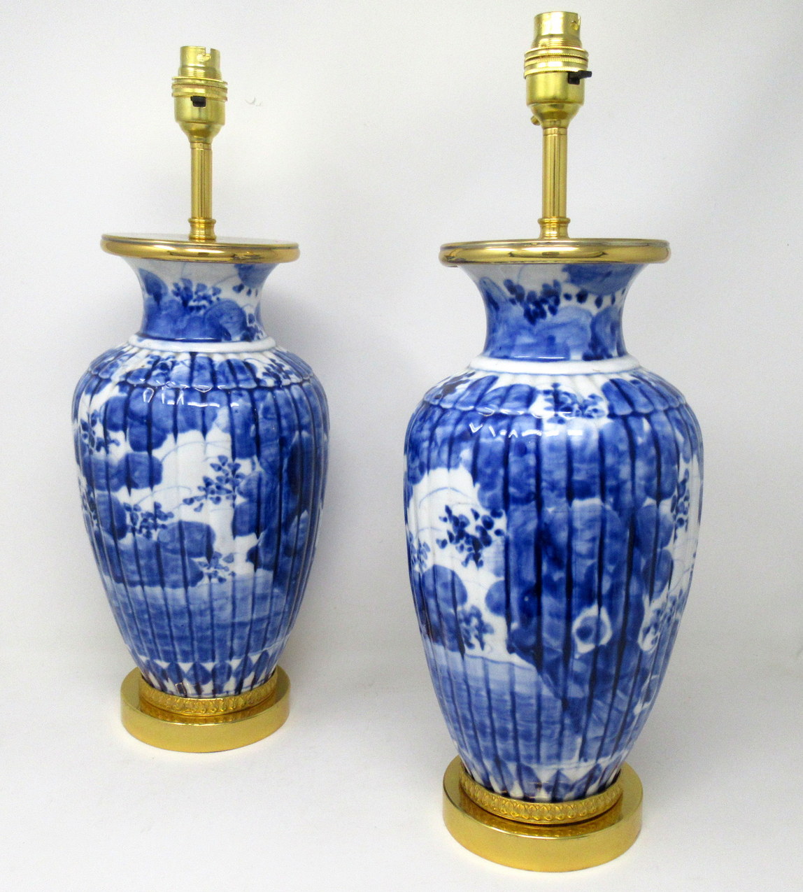 382. Antique Pair Blue and White Porcelain Ormolu Bronze Table Lamps Chinese European