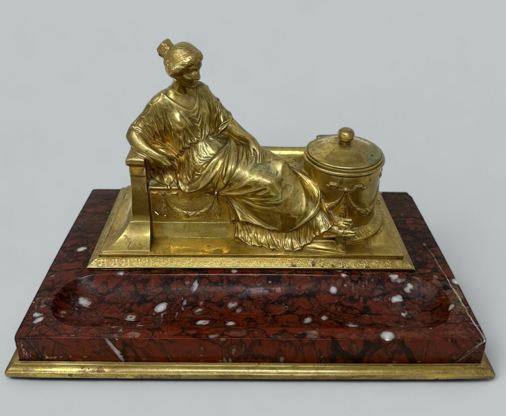 288. Antique German Bronze Desk Set Inkstand Rosso Antico Marble Ormolu Burgstaller