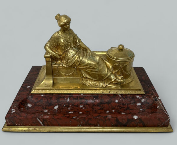 288. Antique German Bronze Desk Set Inkstand Rosso Antico Marble Ormolu Burgstaller