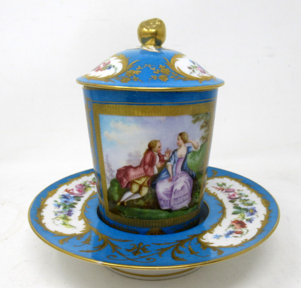 249. Antique French Sevres Porcelain Celeste Blue Gilt Trembleuse Chocolate Cup Saucer