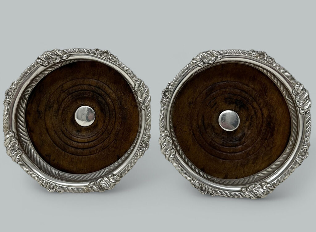 606. Pair English Victorian Silverplated Wine Champagne Bottle Decanter Coasters 1860