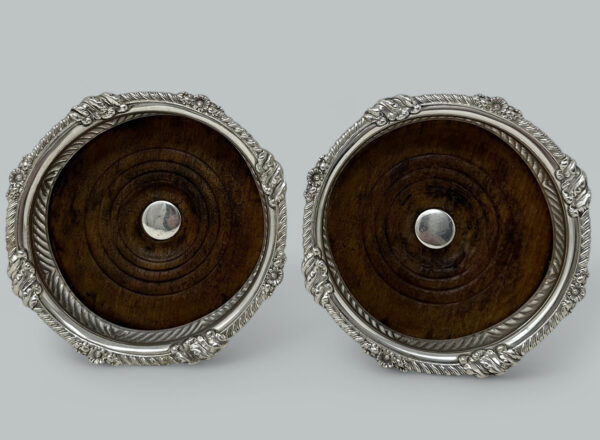 606. Pair English Victorian Silverplated Wine Champagne Bottle Decanter Coasters 1860