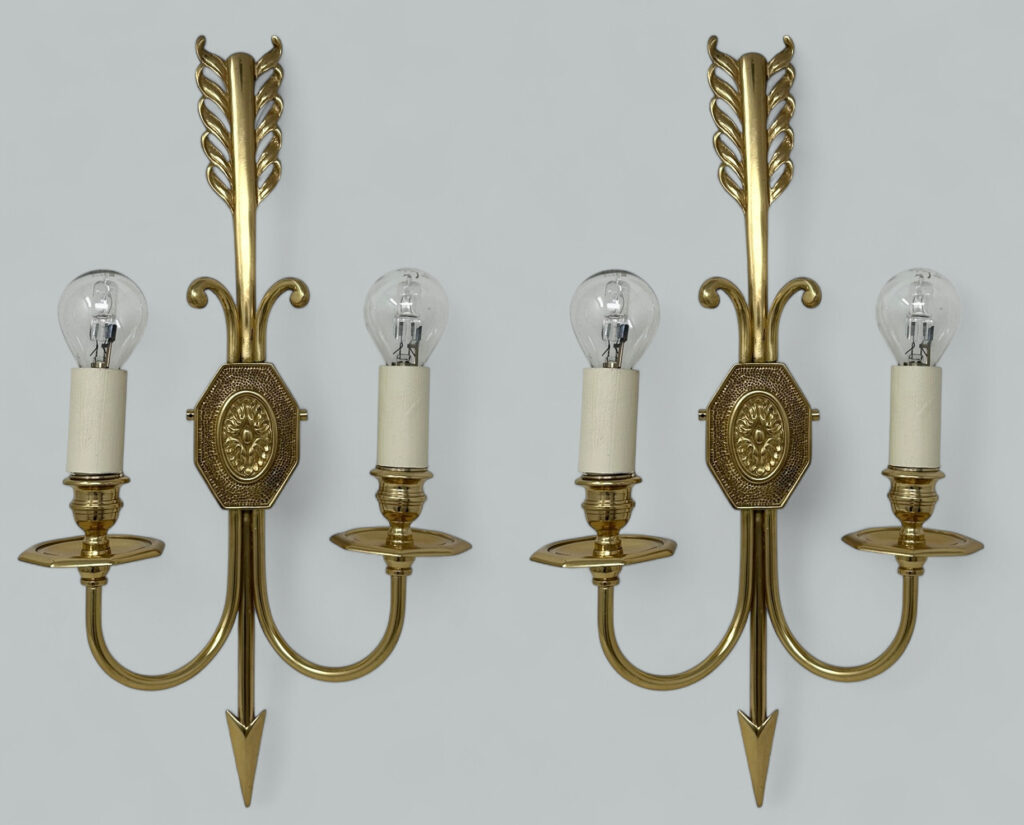 220. Antique Pair Ormolu Two Light Wall Electric Sconces Appliques Maison Lucien Gau