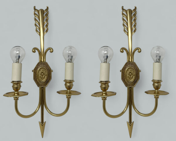 220. Antique Pair Ormolu Two Light Wall Electric Sconces Appliques Maison Lucien Gau