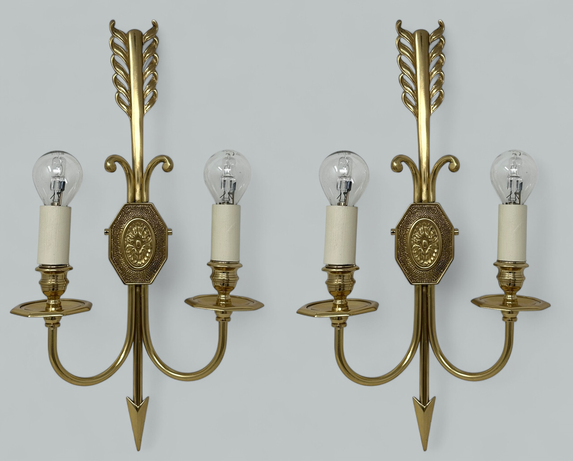 220. Antique Pair Ormolu Two Light Wall Electric Sconces Appliques Maison Lucien Gau