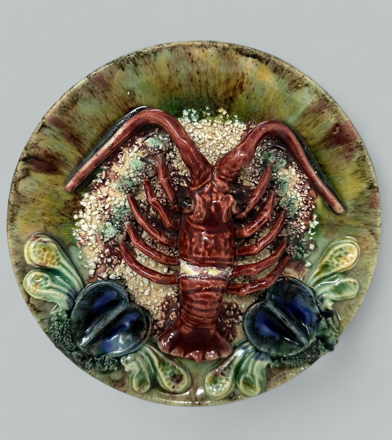 295. Pair Antique Majolica Palissy Portuguese Charger by Jose A Cunha Lobster Seafood - Image 2