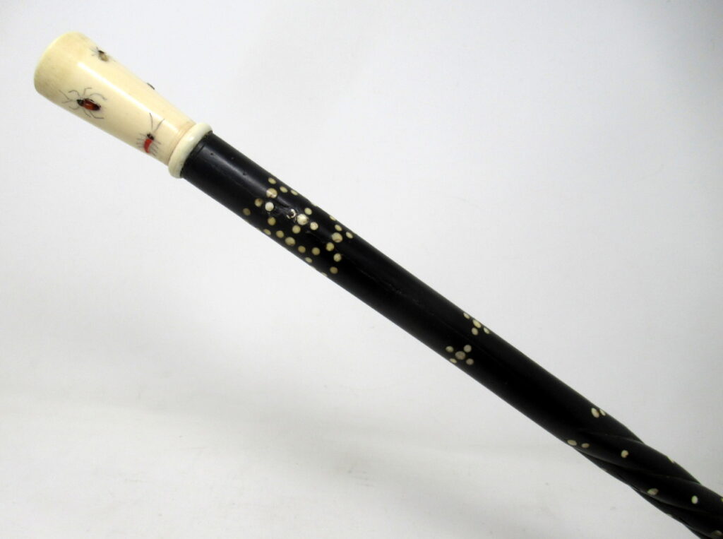 540. Antique Vintage Japanese Chinese Shibayama Ebony Wooden Walking Cane Stick