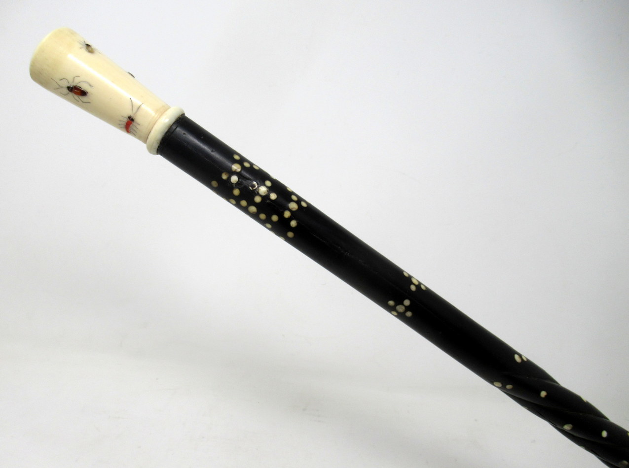 540. Antique Vintage Japanese Chinese Shibayama Ebony Wooden Walking Cane Stick