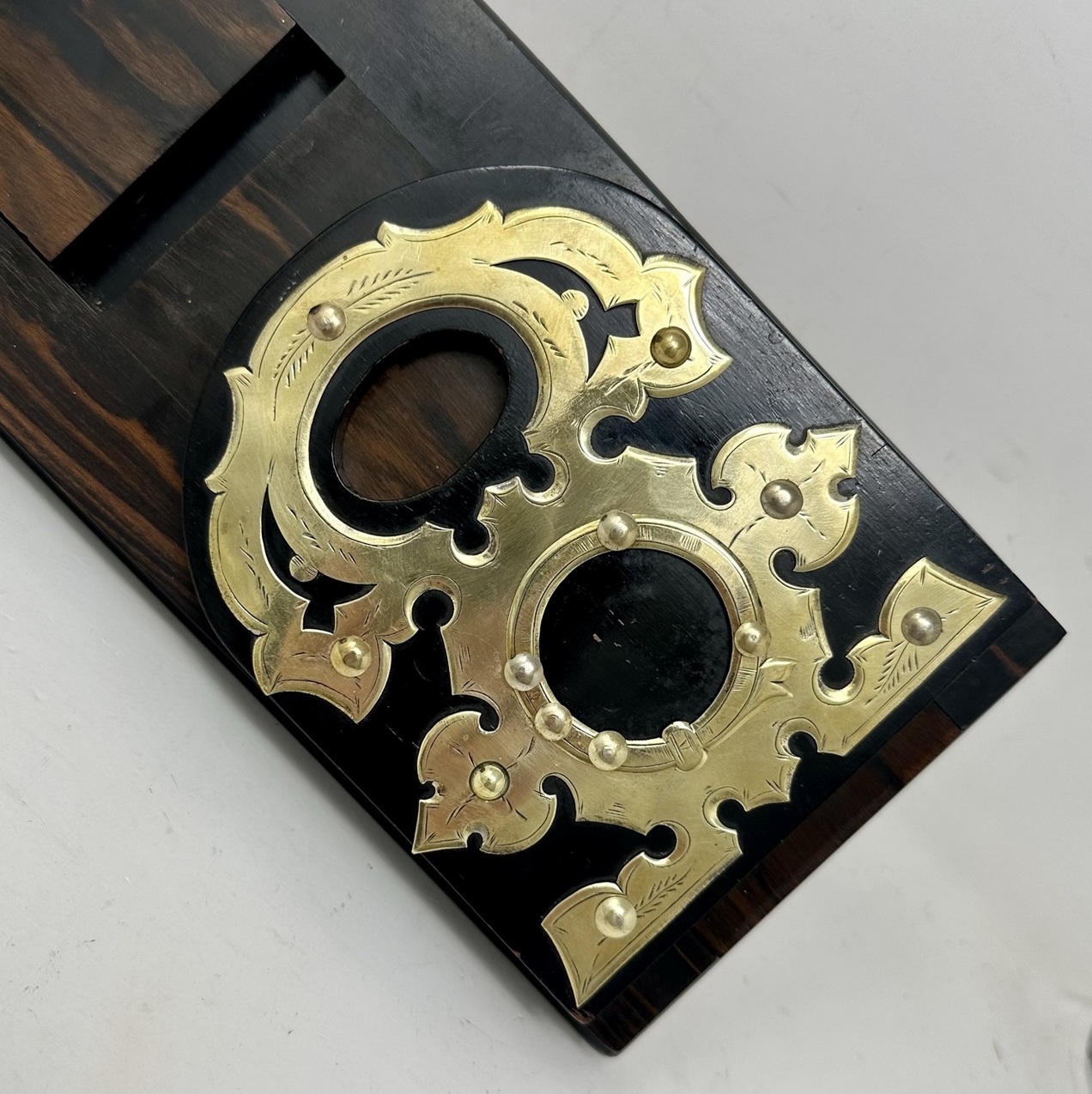 692. Antique Victorian Brass Inlaid Coromandel Library Book Trough Bookcase Holder - Image 2