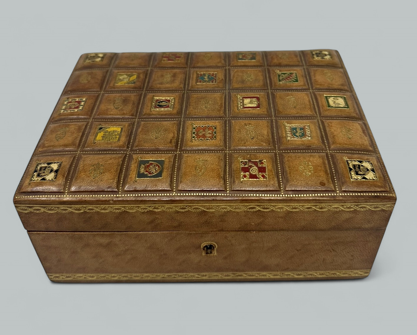 553. Antique Vintage Italian Lady's Gentleman's Faux Leather Gilt Jewelry Casket Box - Image 2