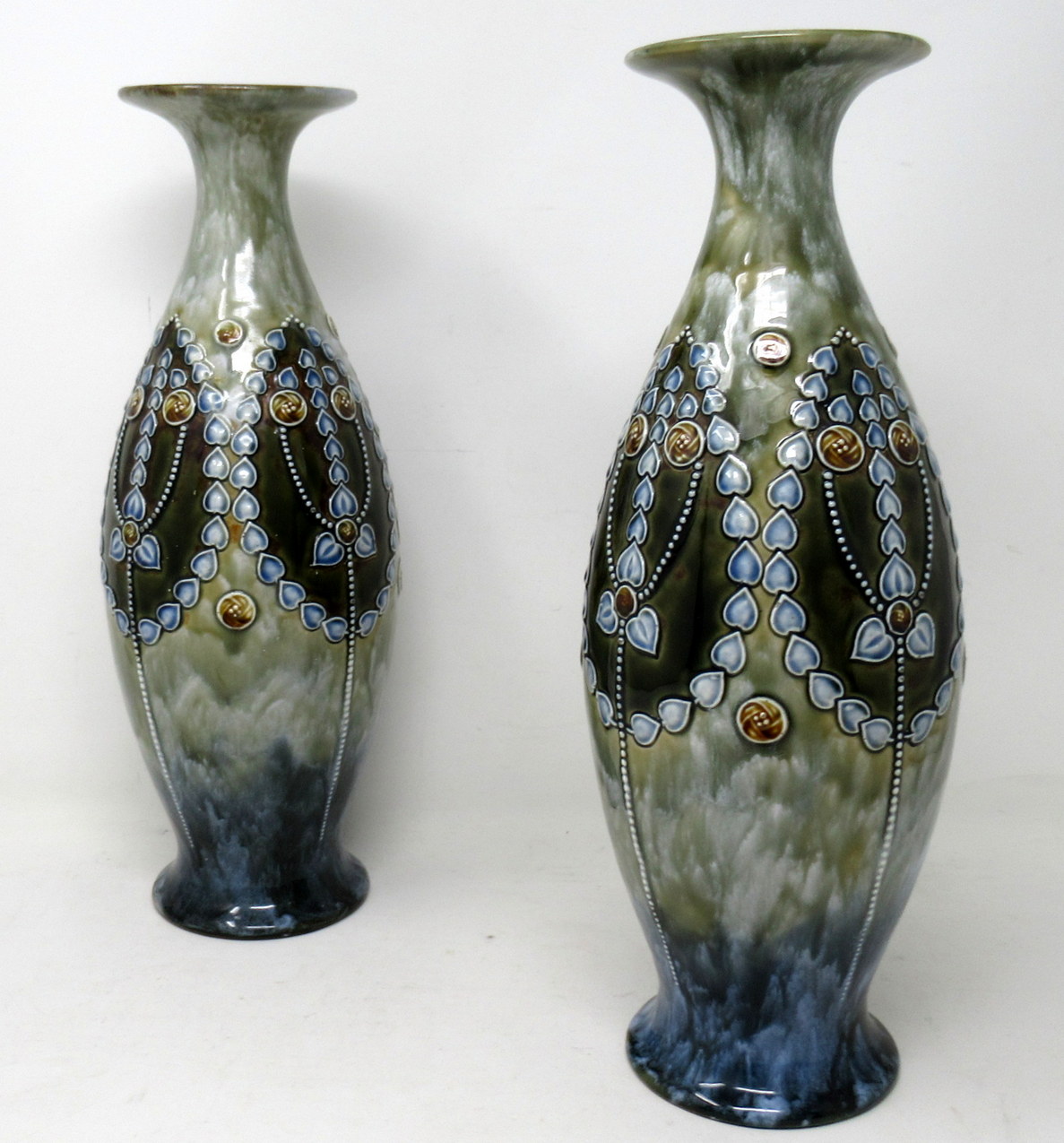 847. Antique Pair English Porcelain Royal Doulton Ceramic Art Nouveau Vases Urns - Image 4