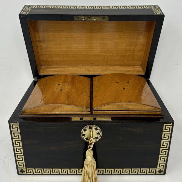 474. Antique English Coromandel Brass Inlaid Wooden Double Tea Caddy 19th Century