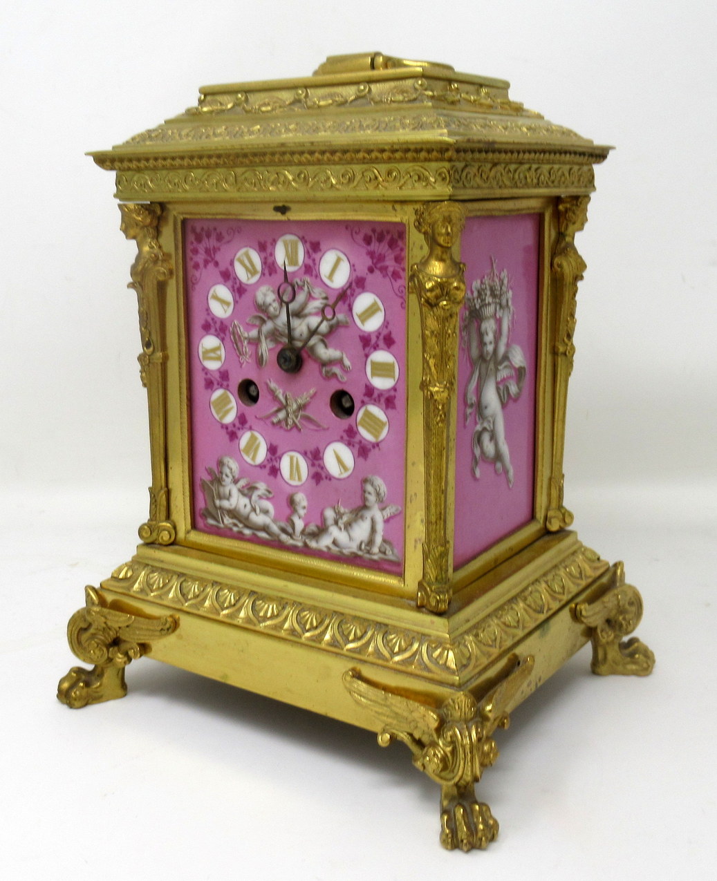 351. French Ormolu Bronze Sèvres Pompadour Pink Porcelain Mantle Carriage Clock 19Ct - Image 2