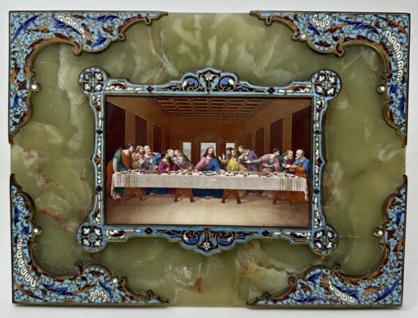 784. Antique Religious Grand Tour Plaque Last Supper Painting Alabaster Champleve