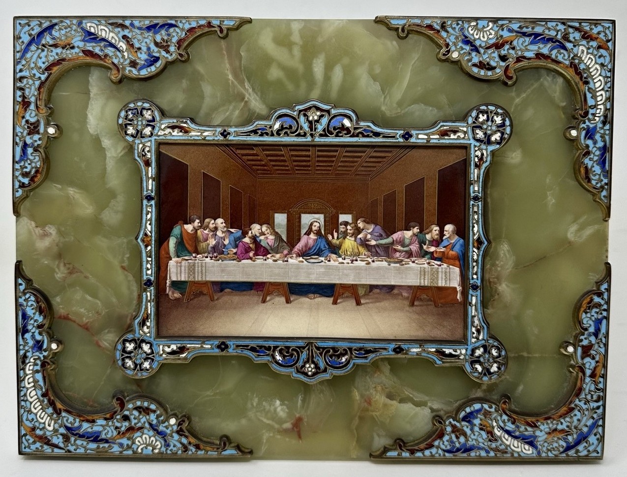784. Antique Religious Grand Tour Plaque Last Supper Painting Alabaster Champleve