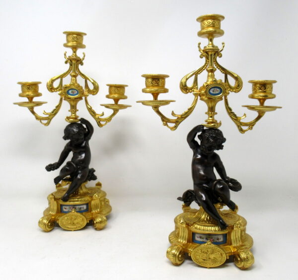 185. Antique Pair French Sevres Porcelain Gilt Bronze Cherub Candelabra Candlesticks
