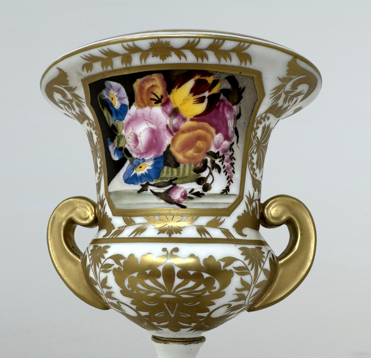 359. Antique Pair French Edwardian Campana Porcelain Urns Vases Still Life Flowers - Image 6