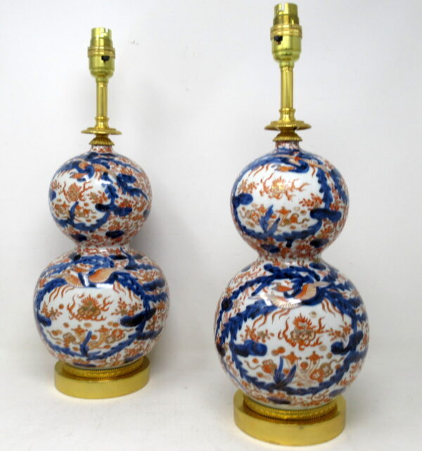 938. Antique Vintage Japanese Chinese Imari Porcelain Ormolu Table Lamps Blue Red Pair