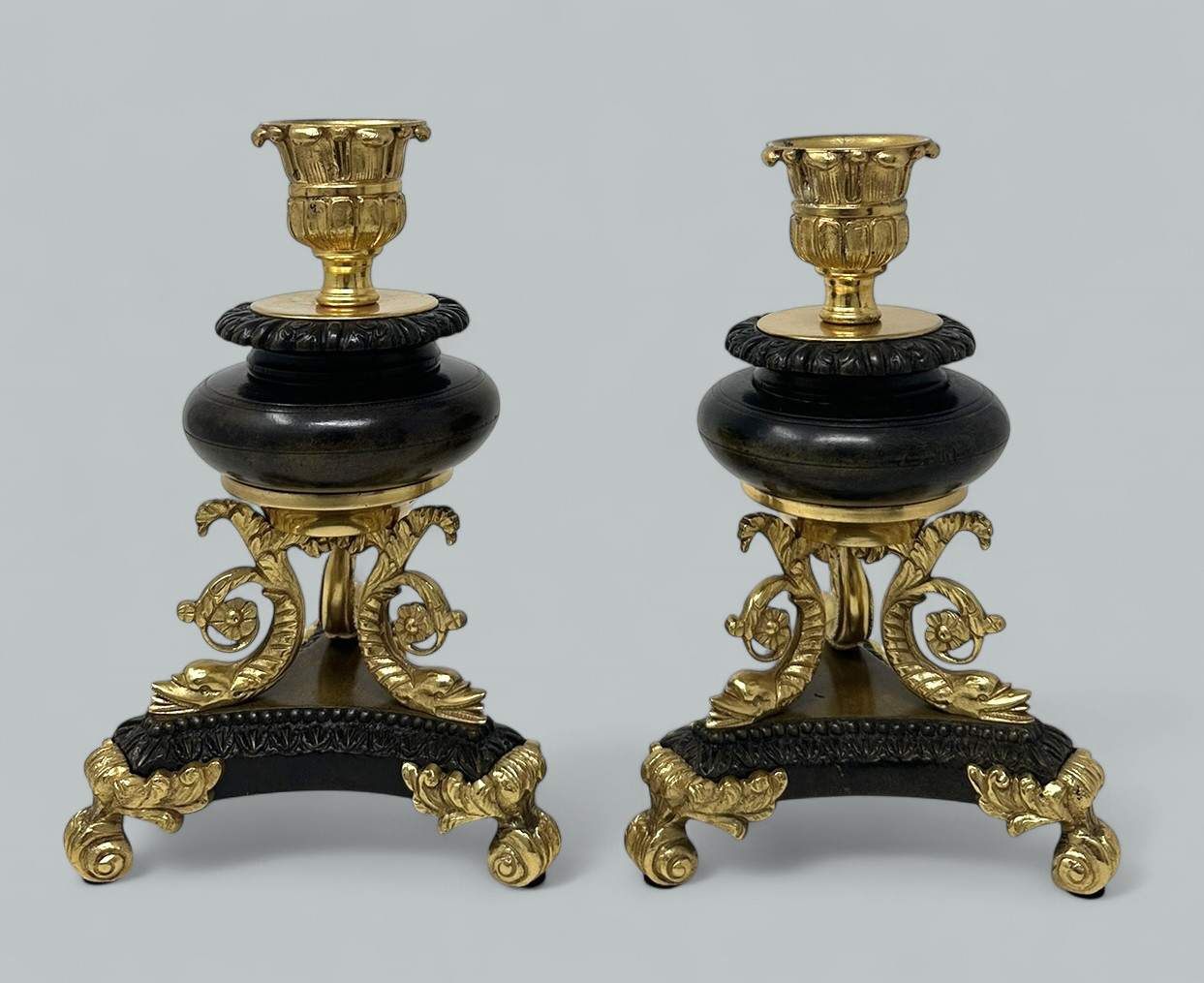 919. Antique Pair French Ormolu Gilt Bronze Dore Empire Candlesticks with Dolphins - Image 3