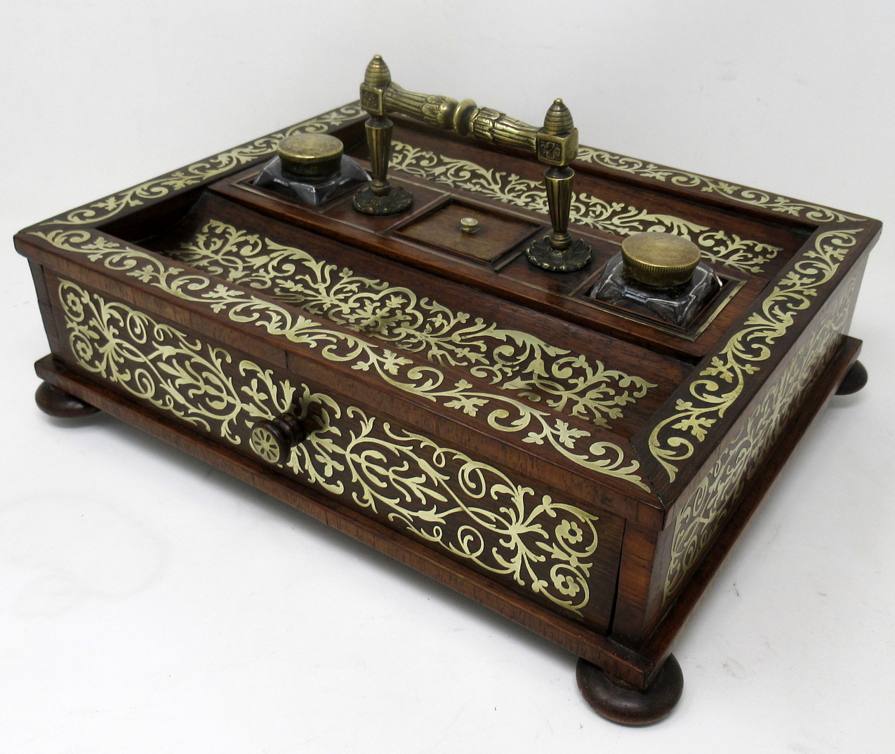 166. Antique Grand Tour Mahogany Brass Inlaid Desk Set Inkstand English Regency 19Ct - Image 2