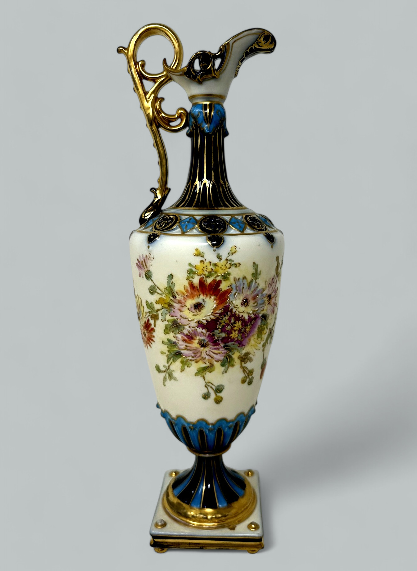373. Antique Czechoslovakian Porcelain Hand Painted Gilt Vase Ewer Centerpiece 1920 - Image 2