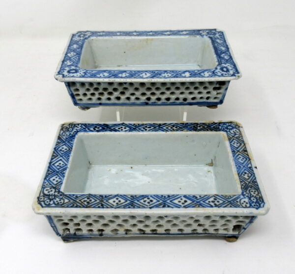 171. Pair Blue White Chinese Reticulated Porcelain Narcissus Bonsai Planters Qianlong