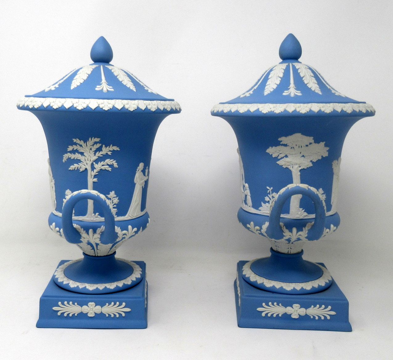 356. Antique Pair of Blue Wedgwood Jasperware Ceramic Urns Vases Mythological Classical Scenes - Image 5
