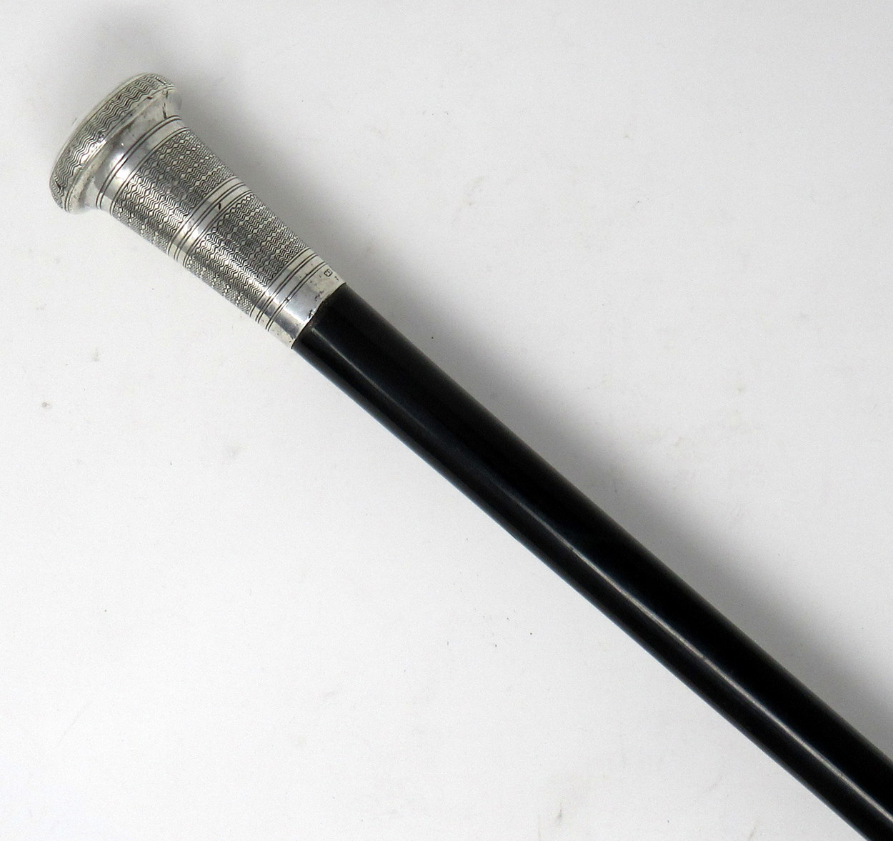 231. Fine Solid Ebony Heavy Walking Cane Silver Grip London Hallmark 1924