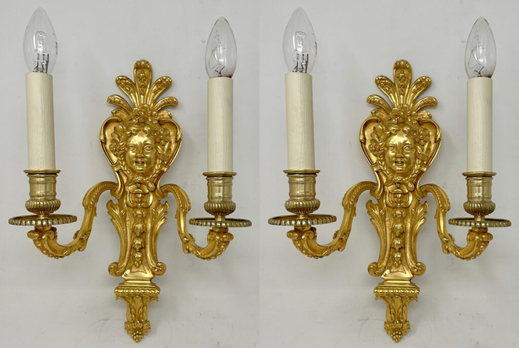 326. Antique Pair Ormolu Gilt Bronze Twin Light Wall Candle Sconces Appliques 19th Ct