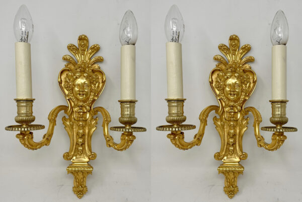 326. Antique Pair Ormolu Gilt Bronze Twin Light Wall Candle Sconces Appliques 19th Ct
