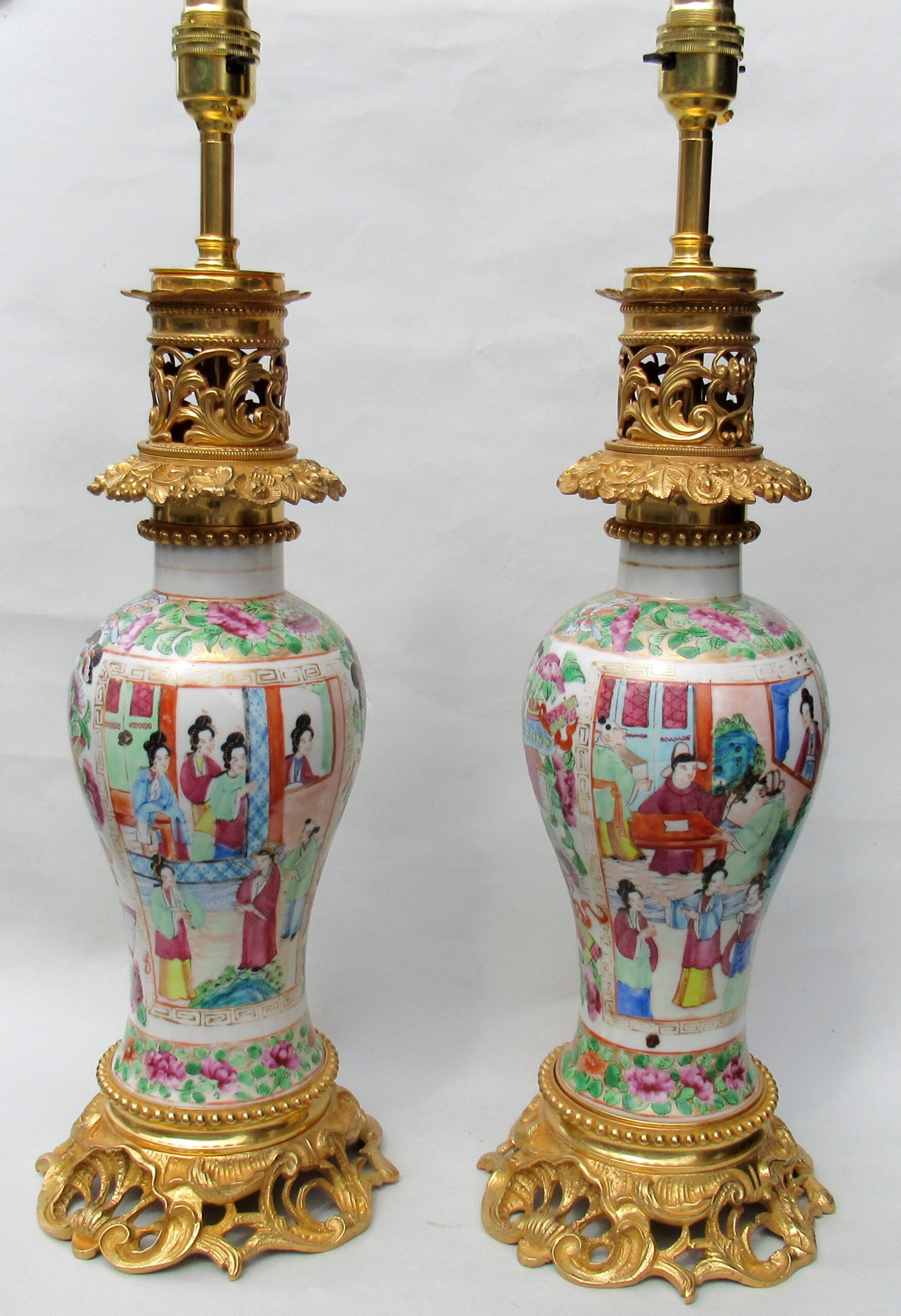 458. Stunning Pair Cantonese Hand Painted Table Lamps 19thCt