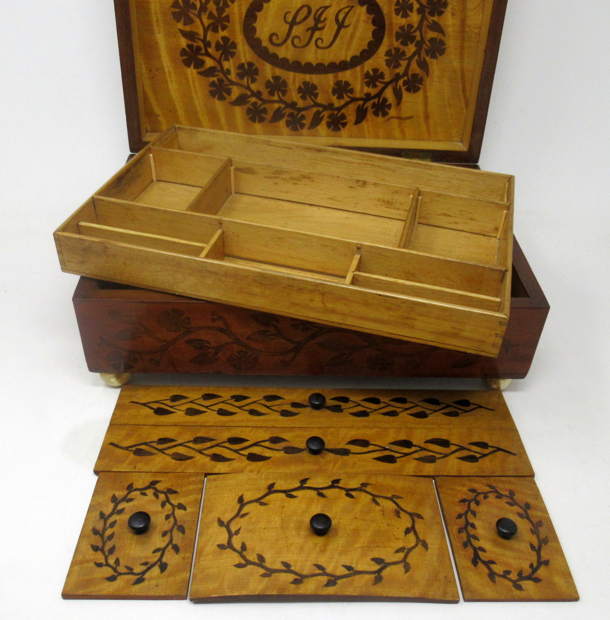 612. Antique Gentleman's Satinwood Mahogany Marquetry Jewellery Casket Table Box 19ct - Image 4