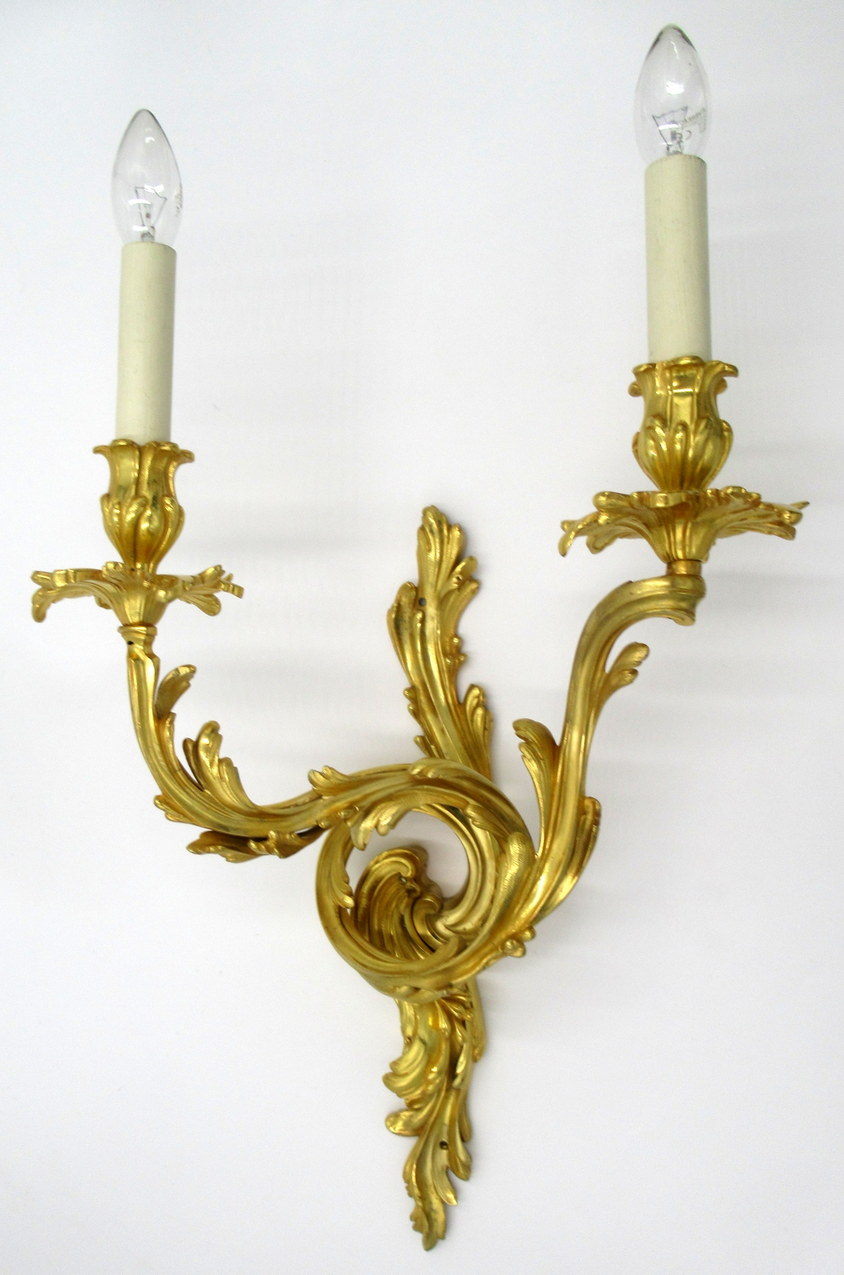 346. Antique Pair of Ormolu Gilt Bronze Twin Light Wall Candle Sconces Appliques 19Ct - Image 2