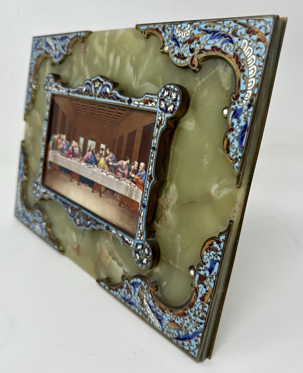 784. Antique Religious Grand Tour Plaque Last Supper Painting Alabaster Champleve - Image 7