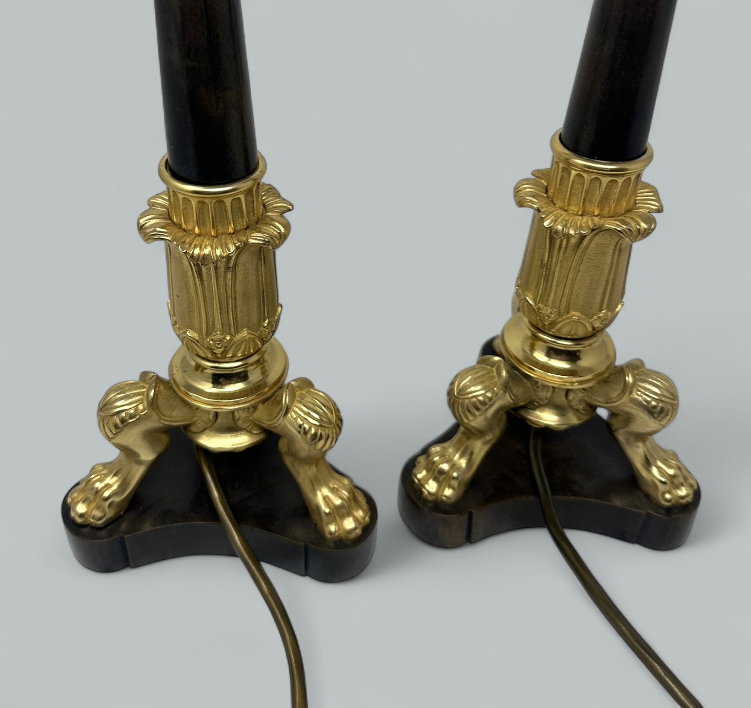 174. Antique Pair French Doré Bronze Neoclassical Ormolu Gilt Candlesticks Table Lamps - Image 8
