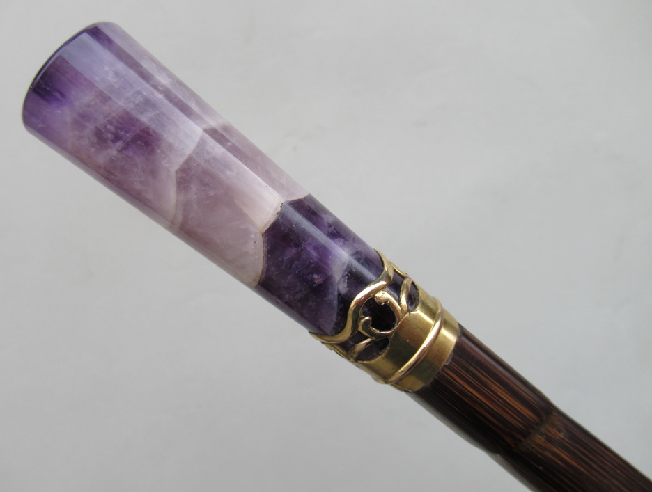 252. Stunning Square Partridge Wood Walking Stick Blue John Grip Gold Plated Mounts