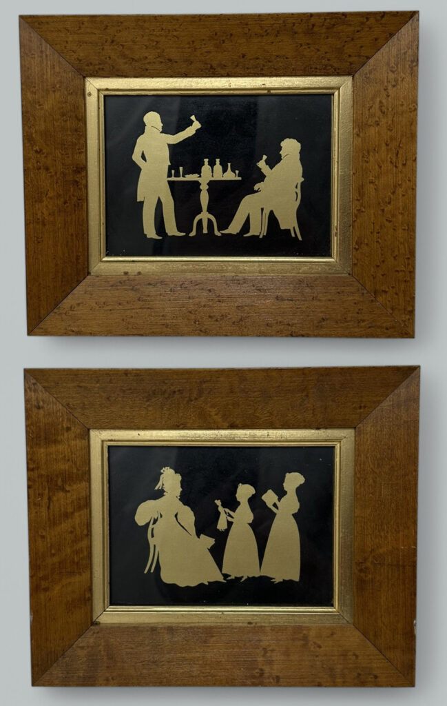 511. Antique Pair English Family Silhouettes Birdseye Maple Frames Irish Interest