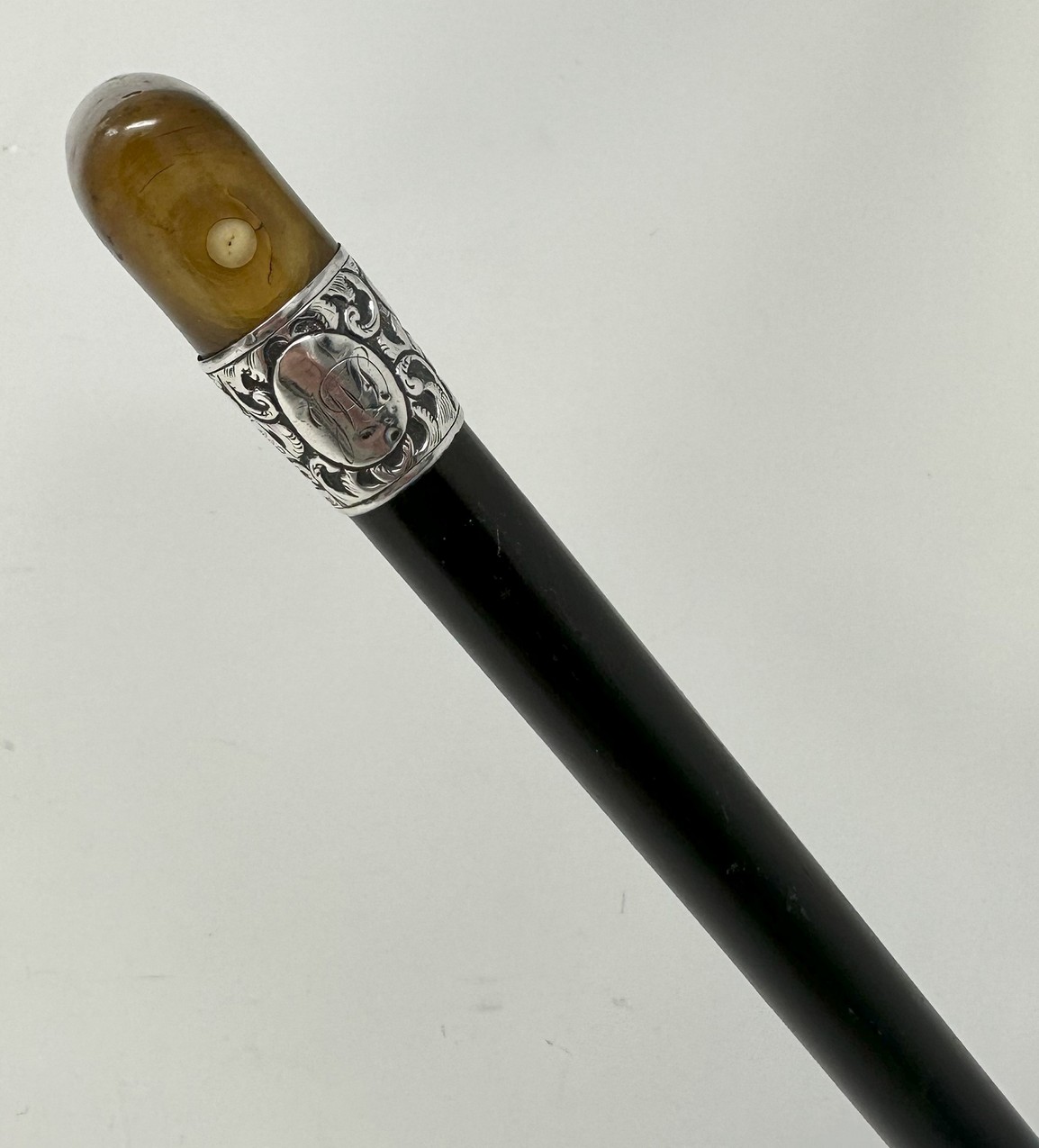 261. Antique Vintage Walking Stick Cane Wooden Sterling Silver Cow Horn Handle 1889 - Image 7