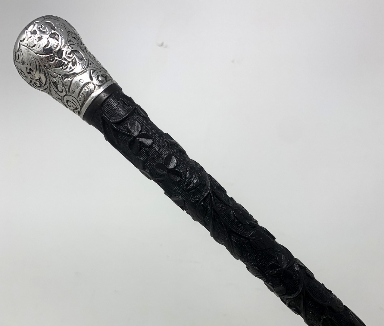 853. Antique Vintage Irish Bog Oak Wooden Walking Cane Swagger Stick Sterling Silver - Image 5