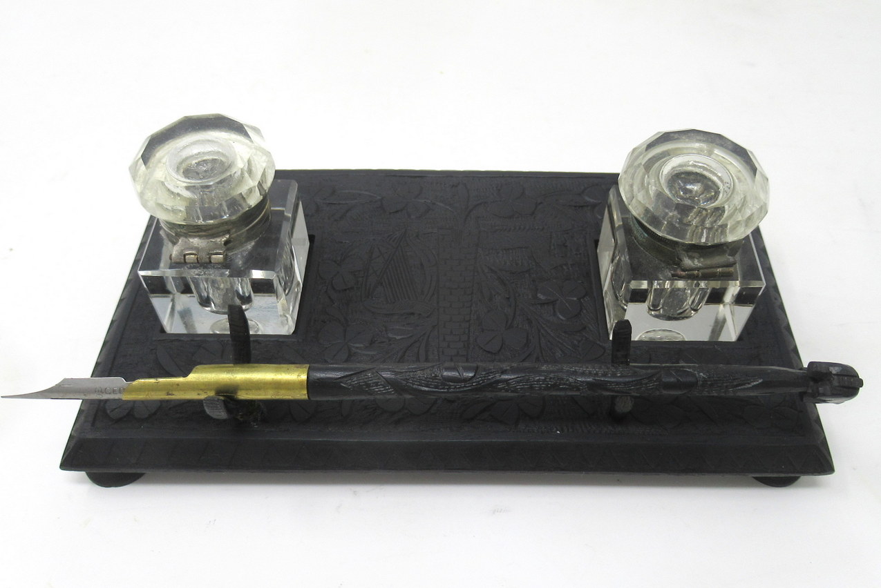 158. Irish Carved Bog Oak Desk Set Candlestick Shamrock Harp Greyhound Dublin Ireland - Image 11