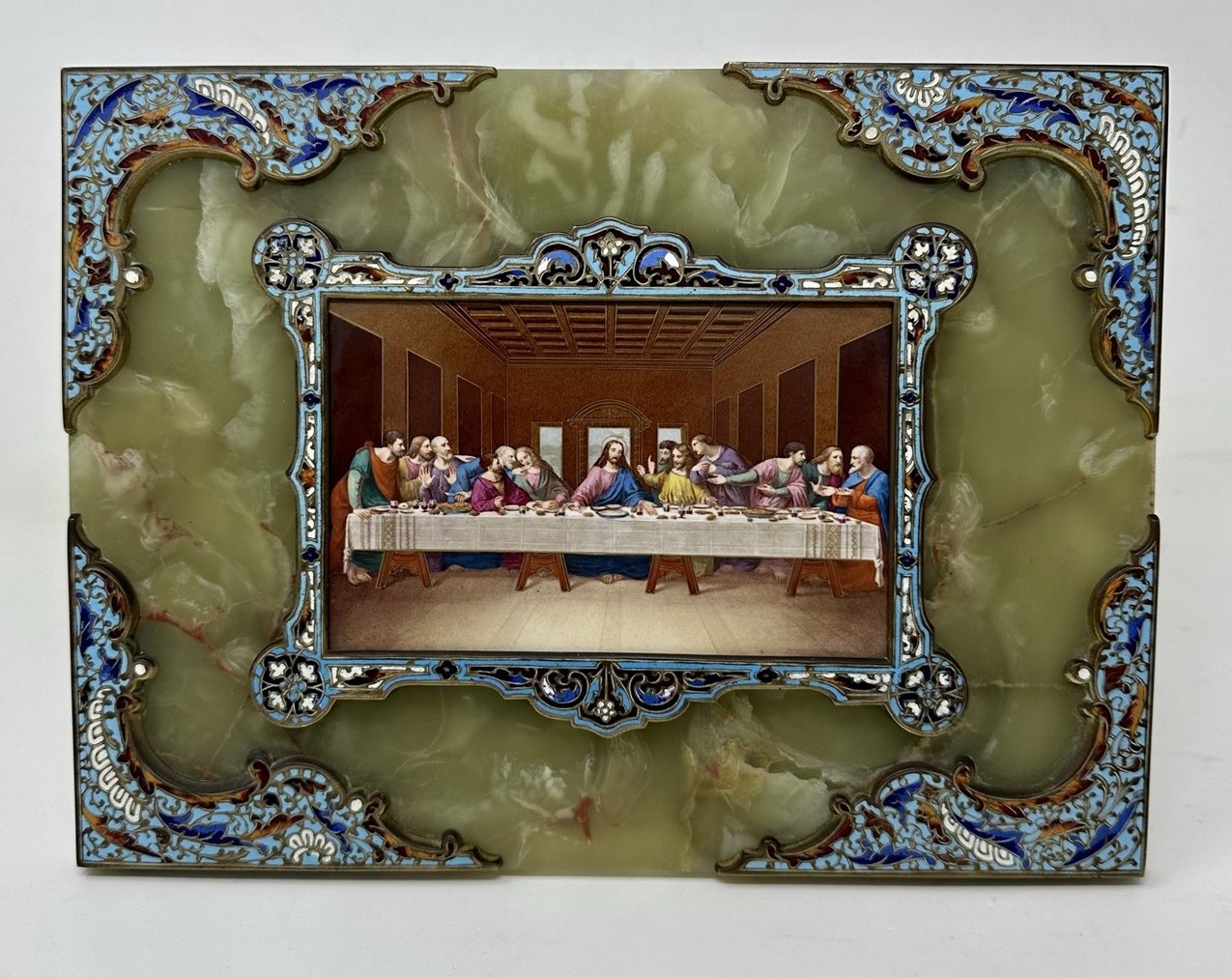 784. Antique Religious Grand Tour Plaque Last Supper Painting Alabaster Champleve - Image 2