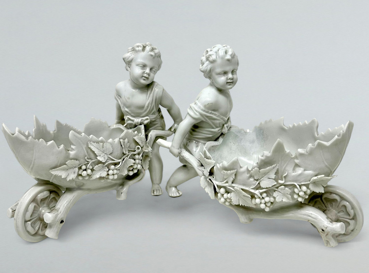 182. Antique Pair German Meissen Blanc de Chine Porcelain Centerpieces Putti Cherubs - Image 2