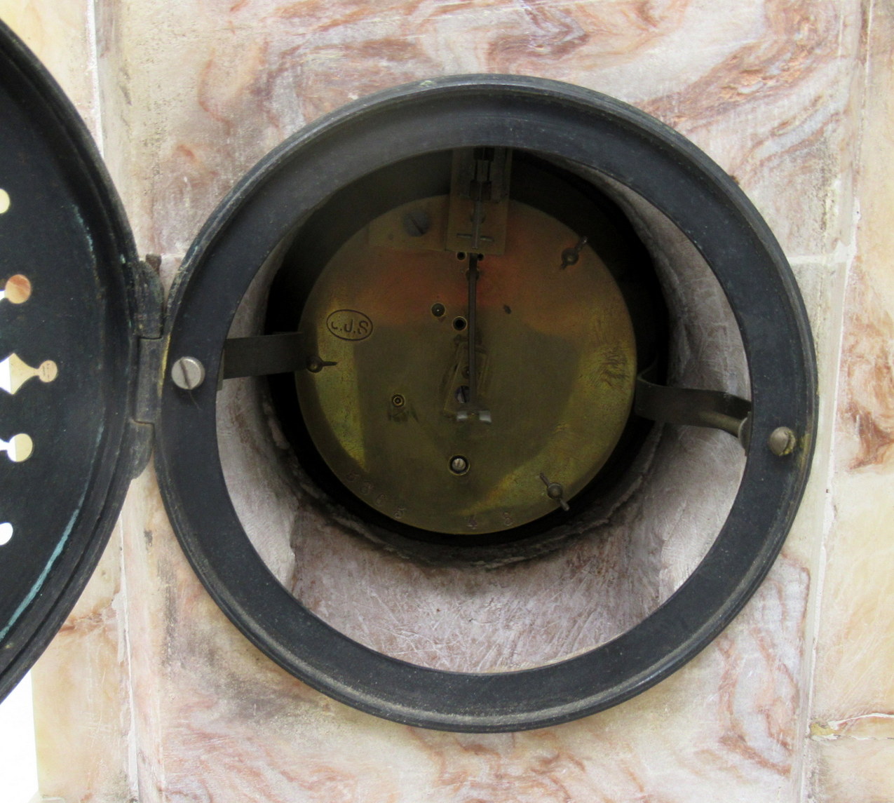 420. Antique French Carved Marble Architectural Castle Form Mantle Clock Timepiece - Image 9