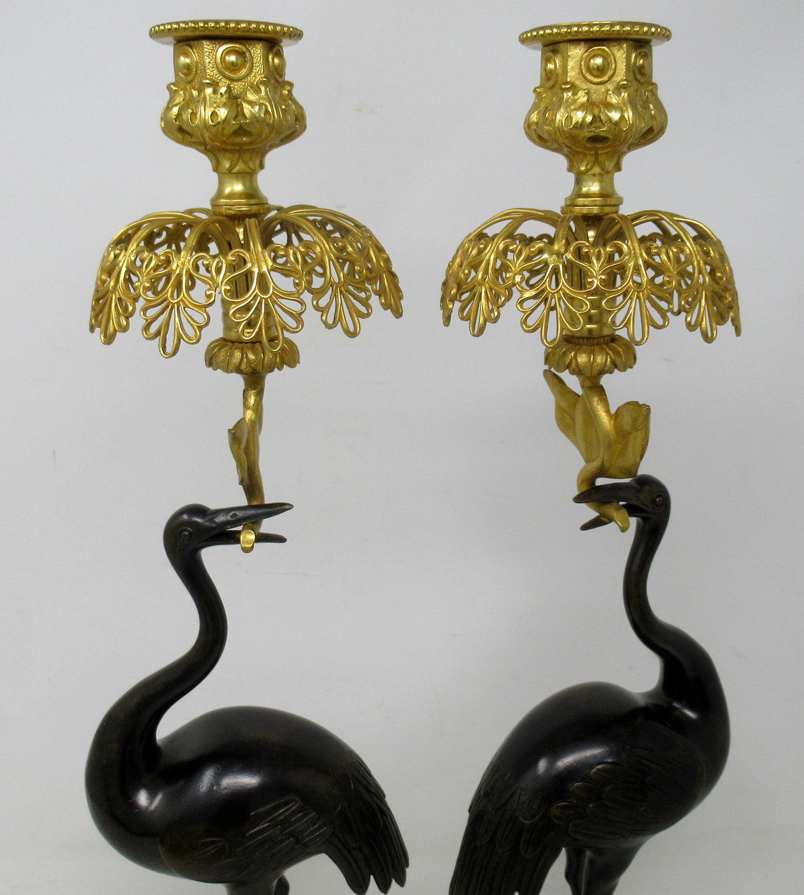 136. Antique Pair of English Ormolu Gilt Bronze Candlesticks Storks Cranes by Abbot - Image 3